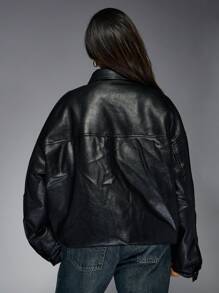 MISSGUIDED Oversized Faux Leather Bomber Winter Autumn Jacket Puffy Quilted Padded Zip Front Outerwear Double Lined - Black - View 2