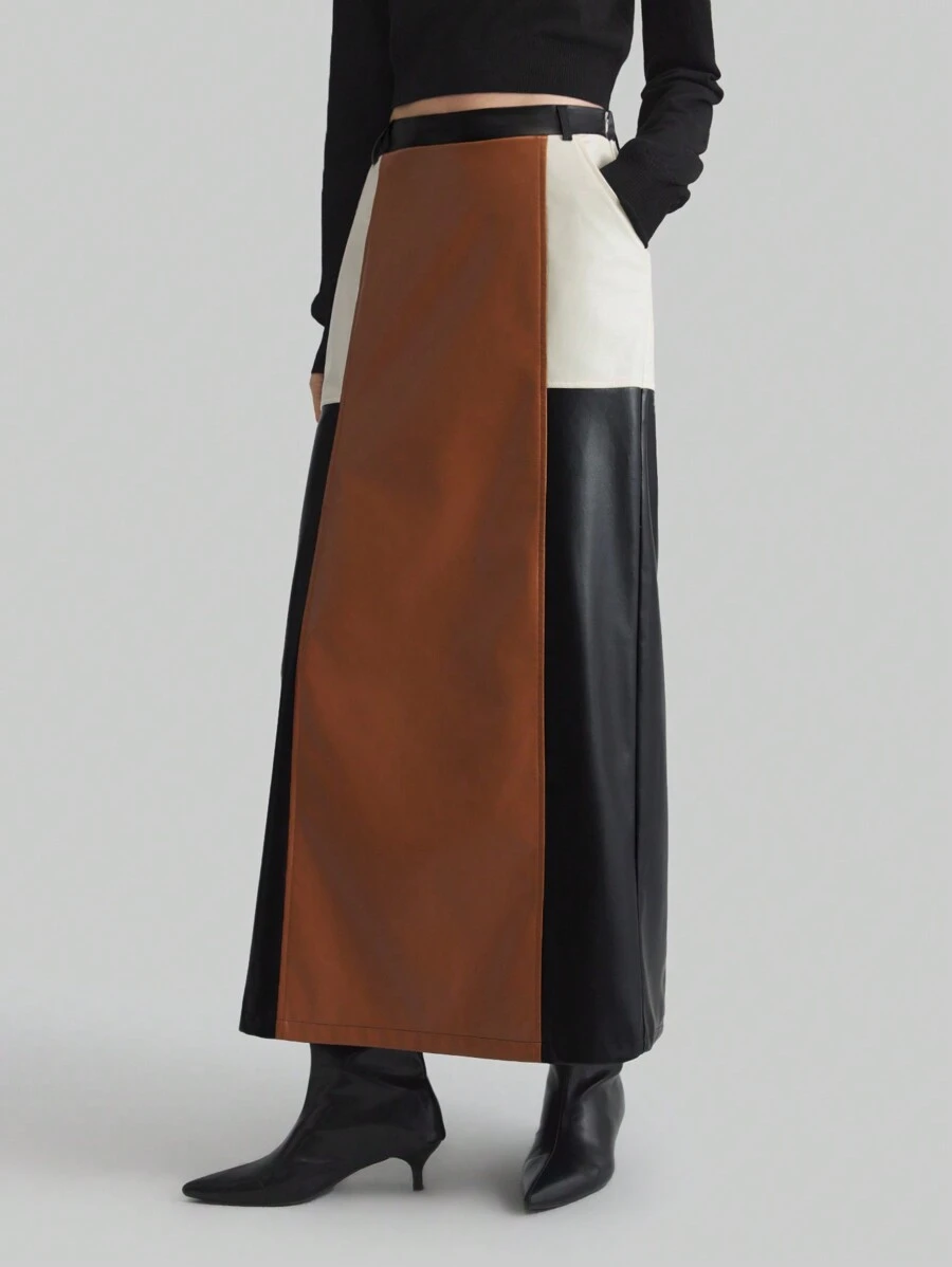 Ontre PU材质女裙，新款设计2025春装，女式拼接拼色直筒裙，个性拼布裙