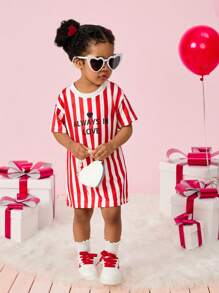 SHEIN 女婴红色竖条纹情人节新年字母印花连衣裙，可爱又温暖，适合外出、聚会、新年和情人节穿着 - 紅白色 - 查看 4