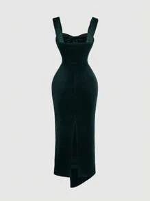 SHEIN MOD Red Dress With Wide Strap, Twisted Front Detail, Shiny Fabric - Dark Green - View 2