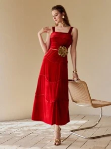 MOTF PREMIUM Vestido con ribete de volantes de contraste de terciopelo - Rojo - Ver 4