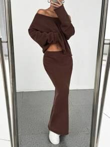 SHEIN MOOSTA Autumn/Winter Elegant Coffee Brown V-Neck Slimming Sweater And Knitted Skirt 2 Pieces Set Fall Cloth For Women - Coffee Brown - View 1