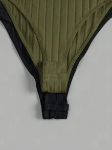 SHEIN EZwear 女士 2 件套休闲简约纯色罗纹针织生菜边紧身连体衣，夏季