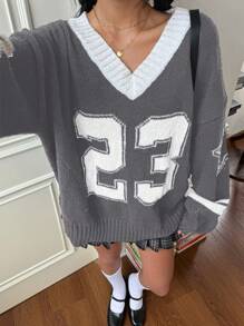 SHEIN EZwear 情人节 V 领黑白心形印花套头衫，秋冬女士简约时尚休闲日常穿着