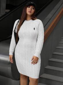 Calvaya 大码女式休闲刺绣图案插肩袖粗针织毛衣连衣裙 - 白色 - 查看 7