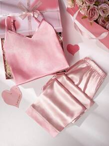 SHEIN 2pcs/Set Teen Girls Casual Heart Print Pants And Solid Cami Top, Comfortable Lounge Set - Multicolor - View 7