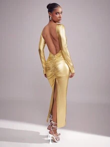 Hauture 女式金属质感深露背褶饰长袖修身连衣裙