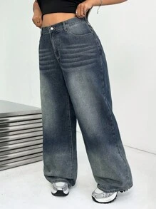 SHEIN Essnce Plus Size Casual Loose Straight Leg Blue Jeans - Blue - View 2