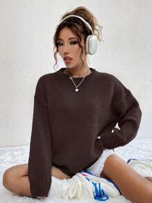 SHEIN MOOSTA 纯色圆领宽松休闲女式毛衣，七分袖针织套头衫，秋冬毛衣 - 咖啡棕 - 查看 6