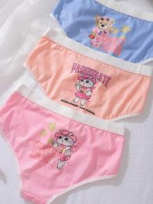 3pcs/Set Casual Street Style Denim, Cat & Bear Print Girls Underwear - Multicolor - View 5