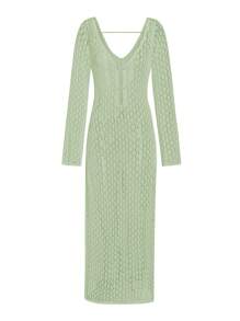 SHEIN LUNE Ladies' Solid Deep V-Neck Hollow Out Long Sleeve Sweater Dress