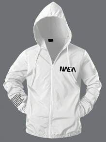Manfinity Homme Plus Size Men's Front Zip Long Sleeve Letter Print Simple Casual Hooded Jacket