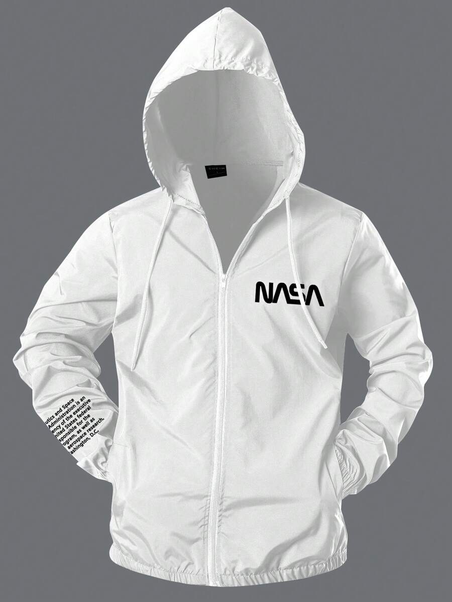 Manfinity Homme Plus Size Men's Front Zip Long Sleeve Letter Print Simple Casual Hooded Jacket