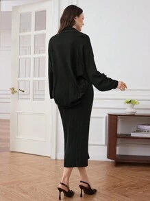 Modelyn 2 Pieces Set: Waist-Cinched Halter Neck Dress & Short Cardigan Outerwear, Elegant 2 Pieces Set - Black - View 2