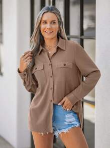 SHEIN LUNE Women Khaki Front & Double Side Pockets Casual Shirt - Khaki - View 3