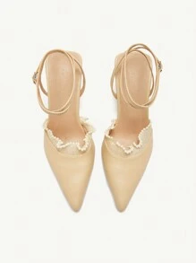 CUCCOO CHICEST 尖头细高跟鞋，性感时尚网眼水钻仿珍珠蝴蝶结设计，婚礼派对晚礼服百搭舒适优雅高跟鞋，适合圣诞节和新年假期氛围秋冬季女士 - 杏色 - 查看 3