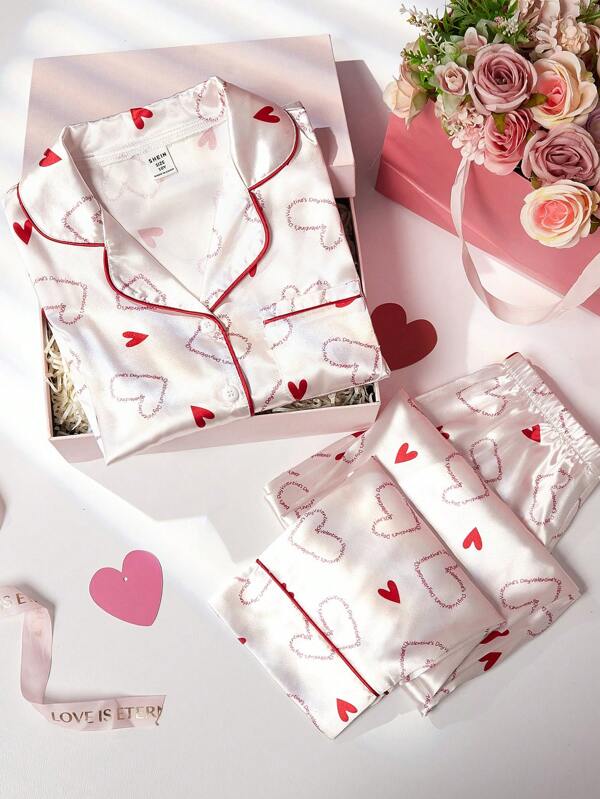 2 piezas Conjunto de pijama elegante con estampado de letras y corazones de satén suave y cómodo para niña preadolescente, pantalón largo y manga larga