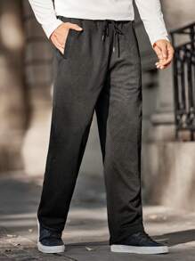 Manfinity Homme Men's Casual Solid Color Textured Drawstring Waist Sweatpants - Black - View 4