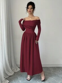 SHEIN Raffinéa 女士纯色露肩长袖简约褶皱休闲连衣裙 - 酒紅色 - 查看 5