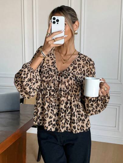 Serisse 女式前系带长袖豹纹休闲衬衫