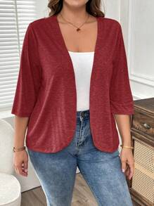 EMERY ROSE 大码度假服装女士女士开衫纯色不对称下摆休闲度假服装夹克 - 酒紅色 - 查看 3