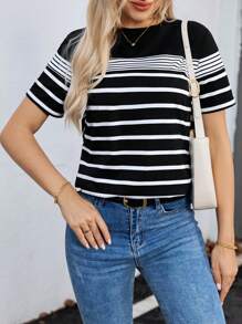 SHEIN LUNE Women's Striped Patchwork Casual Round Neck Short Sleeve T-Shirt, Spring/Summer Spring Clothes,Casual - Multicolor - View 4