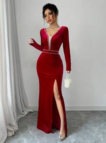 Elenzga 优雅天鹅绒与网眼拼接 V 领系腰珍珠装饰浪漫派对礼服，红色新年节日派对服装长款女士服装