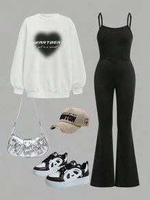 SHEIN NOVA GLOW 青少年女孩街头风格心形印花宽松运动衫和喇叭连体裤两件套 - 白色 - 查看 1