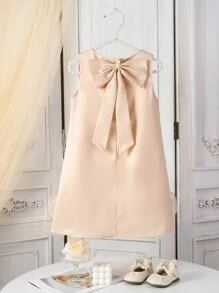 SHEIN Glamorique Kids 1pc Young Girl Floral Wedding Bridesmaid Dress, Sleeveless Elegant Satin Dress With Big Bow Decor & Flower Design, Suitable For Wedding, Party, Stage Performance In Summer - Champagne - View 2