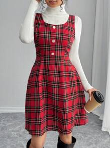 Chiquease Women's Sleeveless Button-Up Plaid Casual Crew Neck A-Line Pinafore Dress - Red - View 6