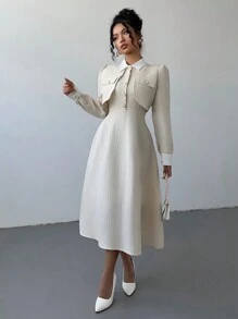 Selianne 女士休闲通勤优雅拼接厚花呢中长长袖连衣裙，秋冬长款女装 - 杏色 - 查看 6