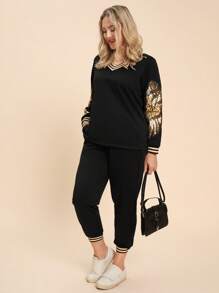 SHEIN LUNE 2 件套大码闪亮条纹印花 V 领长袖上衣和裤子休闲装感恩节服装女士新年服装冬季服装女士狂欢服装度假服装女士亮片上衣新年服装新年女装冬季外套女士冬装女士运动服女士冬季套装度假两件套新年 - 黑色 - 查看 6