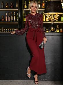 SHEIN Clasi 女士闪亮立领灯笼袖圣诞宽腿连体裤，适合秋冬季派对 - 酒紅色 - 查看 6