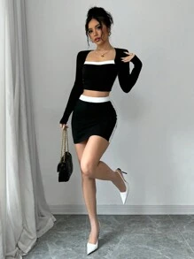 Gloray French Elegant Square Neck Contrast Color Crop Top & Mini Skirt 2 Pieces Set For Women Fall Cloth For Women - Black - View 7