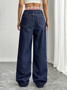 SHEIN SXY Jeans vaqueros de cintura doble a cuadros casuales, apropiados para salir y volver al colegio - Azul - Ver 2