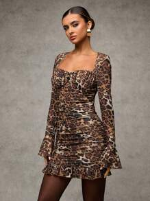 SHEIN BAE Women's Sexy Solid/Leopard Print Long Sleeve Bodycon Mini Dress, Suitable For Romantic Date, Party, Formal Gathering, Night Out, Bridesmaid Dress, Halloween, Christmas, Birthday, Autumn/Winter