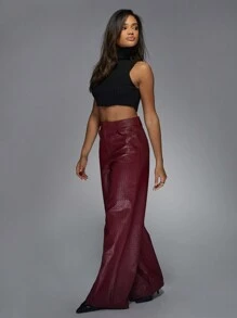 MISSGUIDED Quần ống rộng giả da sang trọng cạp cao Quần dệt kim đan rổ có họa tiết Quần thời trang Palazzo thu đông Trang phục chuyên nghiệp Tiệc tối Giáng sinh - Màu Đỏ Sâu - Xem 7