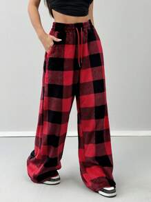 Coolane Women's Casual Front Tie Plaid Pocket Trousers - Multicolor - View 5
