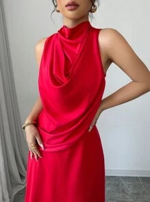 Elenzga Đầm xòe cổ cao màu đỏ lãng mạn thanh lịch dành cho nữ, phù hợp cho năm mới và giáng sinh cho trang phục dự tiệc năm mới bằng vải satin dành cho nữ - Đỏ - Xem 6