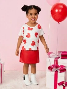 SHEIN Explorewe 女婴可爱心形图案印花上衣搭配红色 PU 皮革裙子 2 件套服装，时尚设计 - 彩色 - 查看 6