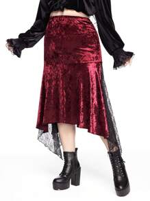 ROMWE Christmas Plus Size Women Gothic Style Asymmetrical Hem Lace Patchwork Bodycon Velvet Skirt - Burgundy - View 1