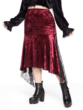 Goth Minifalda de Navidad de terciopelo en talla grande para mujer, con estilo gótico, bajo asimétrico, en patchwork de encaje