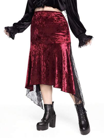 Christmas Plus Size Women Gothic Style Asymmetrical Hem Lace Patchwork Bodycon Velvet Mini Skirt