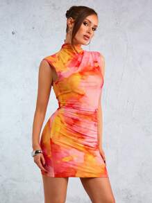 SHEIN SXY Noworoczna Elegancka Seksowna Nocna Sukienka Musi Mieć Walentynki Żółta Drukowana Siatkowa Plisowana Bez Rękawów Wysoki Dekolt Mini