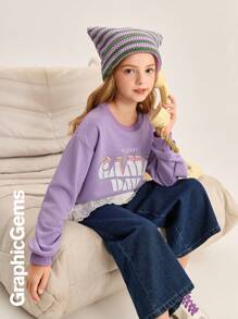 Tween Girl Letter Printed Round Neck Long Sleeve Casual Sweatshirt - Purple - View 6