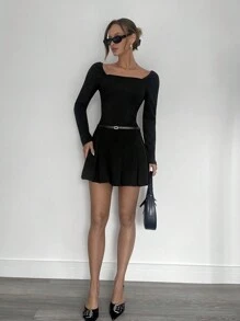 SHEIN Essnce Women Elegant Black Solid Color  Long-Sleeve Square-Neck Mini Dress Ruched Hem Long Sleeve Short Casual Dress Women Dresses Winte Vacation Outfits  Elegante New Year Party  Dress New Year Dress   Dress Long Sleeve