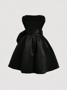 SHEIN MOD Red Side Bow Strap Bandeau Short Dress For Women - Black - View 2