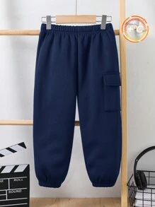 SHEIN 1 件年轻男孩加厚保暖内衬休闲运动裤，适合通勤、上学、日常休闲、学院风、学院风、基本款，适合儿童装、年轻男孩服装、返校、校服、幼儿园、生日派对、典礼、婚礼、洗礼、日常穿着、通勤、运动、秋冬 - 藏蓝色 - 查看 3