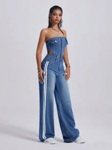 Jeanoix Women's Casual Hollow Out Strap Bustier Denim Jumpsuit - Dark Wash - View 5
