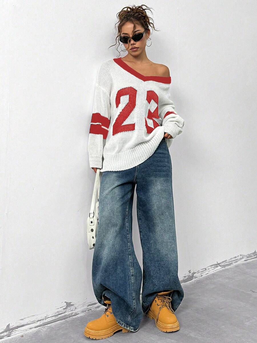 StreetHx Women's Collegiate Style V-Neck Hollow Out Knit Sweater Knit Pullover Fall Winter - Orange - View 1